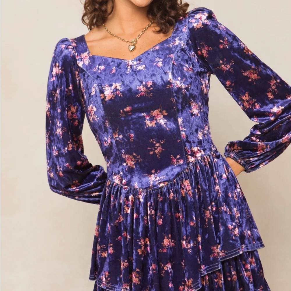 Ivy City Co Purple Velvet Floral Long Sleeve Dress